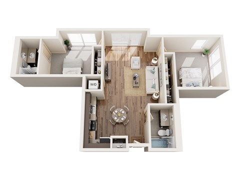 Floor plan for 2 beds, 2 baths, 969 sqft
